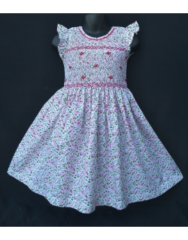 Robe smocks manches volantes en coton floral rose vert