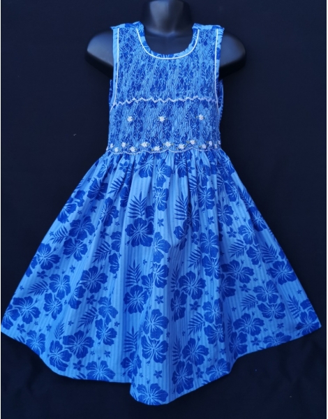 Robe smocks en coton bleu imprimé hibiscus