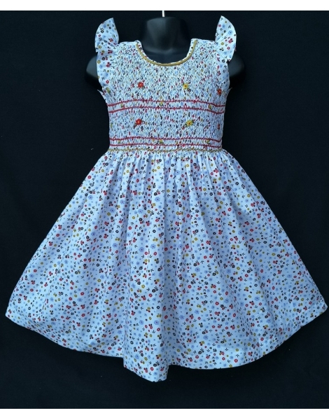 Robe smocks manches volantes en coton floral multicolore