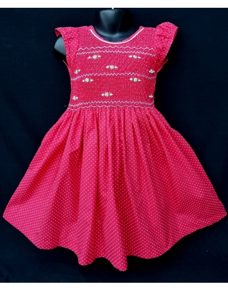 Robe smocks mini manches en coton rouge à pois