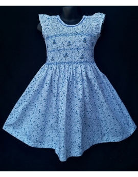 Robe smocks mini manches en coton fleur bleu