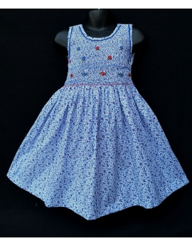 Robe smocks sans manches en coton petites fleurs bleues