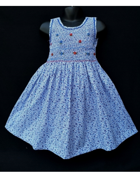 Robe smocks sans manches en coton petites fleurs bleues