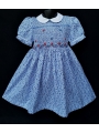 Robe smocks manches ballons en coton petites fleurs bleues