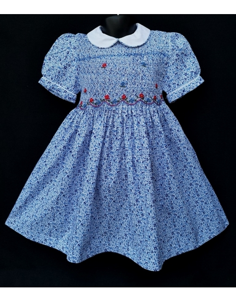 Robe smocks manches ballons en coton petites fleurs bleues