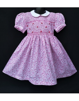  Robe smocks manches ballons en coton petites fleurs roses