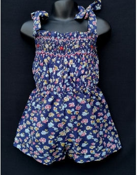 Combi short smocks en coton bleu imprimé floral