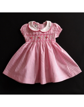 Robe smocks en coton imprimé rayure rose pour poupon  42 cm
