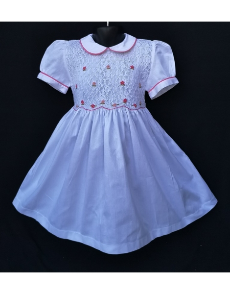 Robe smocks roses  en coton piqué blanc