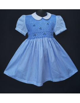 Robe smocks manches ballons en coton rayé bleu ciel