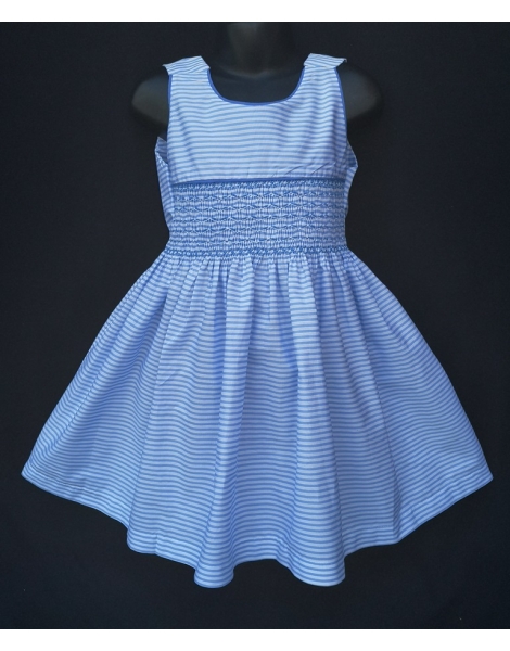 Robe smocks sans manches en coton rayure bleu ciel