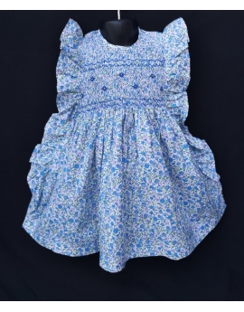 Robe smocks manches volantes en coton liberty bleu ciel