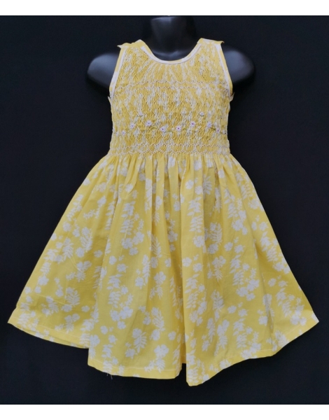 Robe smocks sans manches en coton jaune imprimé