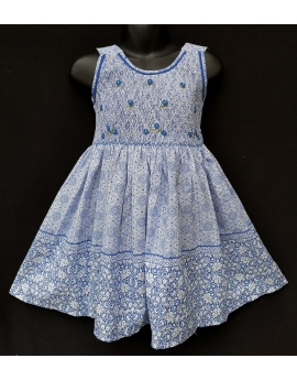 Robe smocks sans manches en coton imprimé bleu