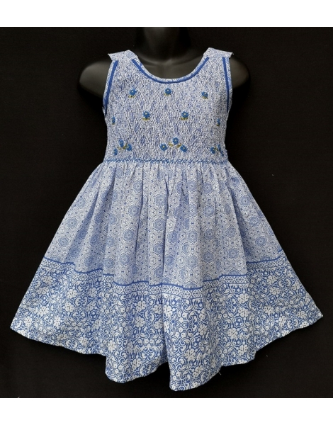 Robe smocks sans manches en coton imprimé bleu