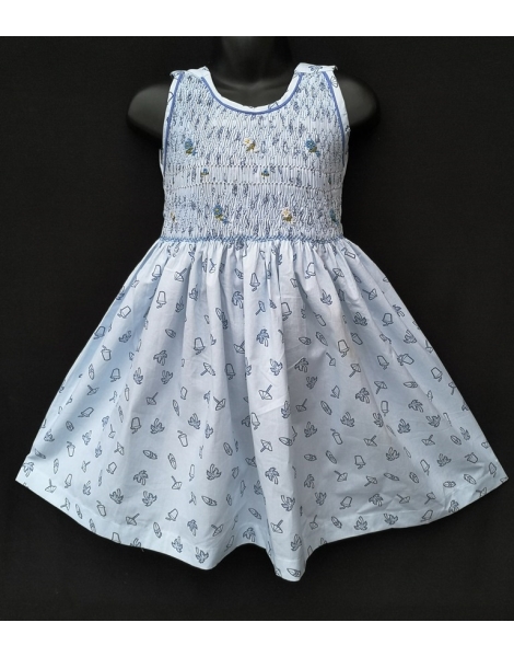 Robe smocks sans manches en coton bleu ciel imprimé