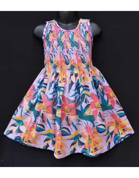 Robe smocks sans manches en coton imprimé multicolore