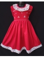 Robe smocks sans manches en coton rouge bordure fleurie