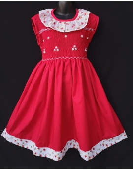 Robe smocks sans manches en coton rouge bordure fleurie