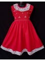 Robe smocks sans manches en coton rouge bordure fleurie