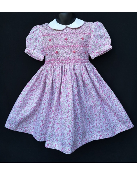 Robe smocks manches ballons en coton fleurs roses