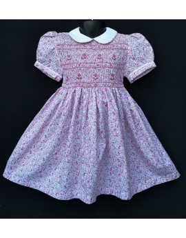 Robe smocks manches ballons en coton floral rose