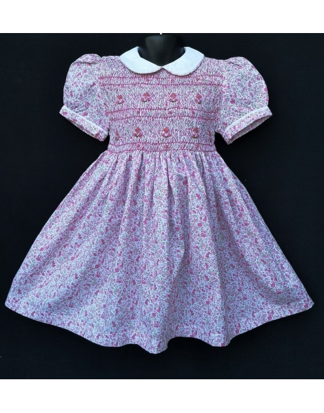 Robe smocks manches ballons en coton floral rose