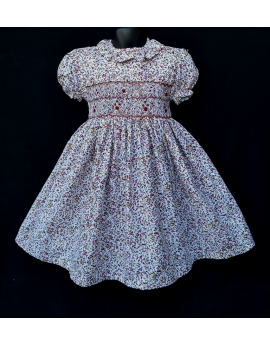 Robe smocks manches ballons col pierrot en coton multicolore grenat