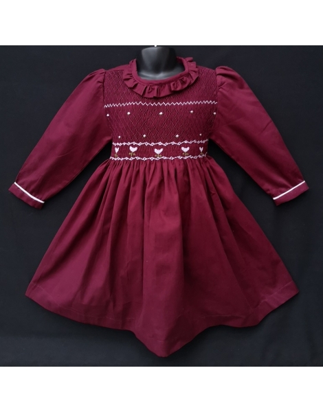Robe smocks manches longues  en coton piqué grenat