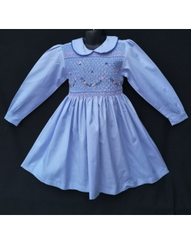 Robe smocks manches longues  en coton bleu ciel