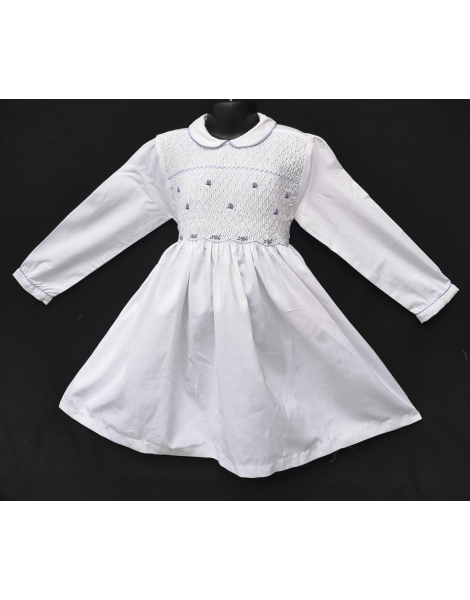 Robe smocks manches longues  en piqué blanc