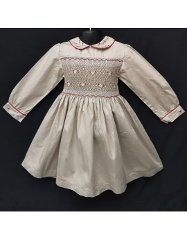 Robe smocks manches ballons col brodé en coton piqué beige