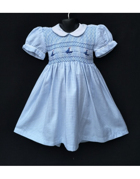 Robe smocks manches ballons en coton finette vichy bleu ciel