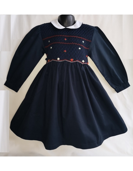 Robe smocks manches longues col Claudine en coton piqué bleu marine