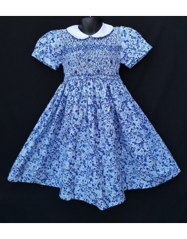 Robe smocks manches ballons  en coton fleurs bleues