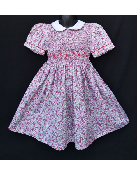 Robe smocks manches ballons  en coton fleurs multicolores