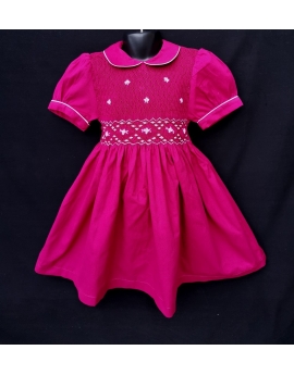 Robe smocks manches ballons col Claudine en coton piqué fuchsia