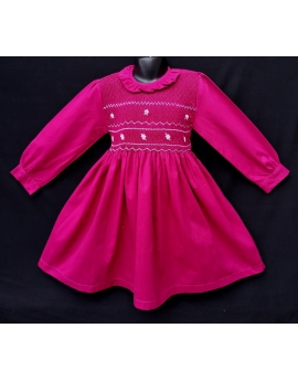 Robe smocks manches longues col Pierrot en coton piqué fuchsia