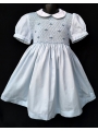 Robe smocks manches ballons col blanc en coton piqué bleu ciel