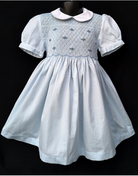 Robe smocks manches ballons col blanc en coton piqué bleu ciel