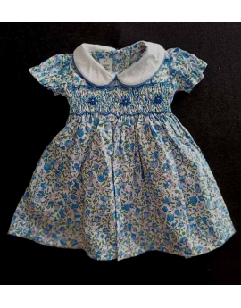 Robe smocks en coton liberty bleu poupée  28 cm