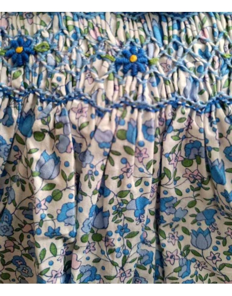 Robe smocks en coton liberty bleu poupée  28 cm