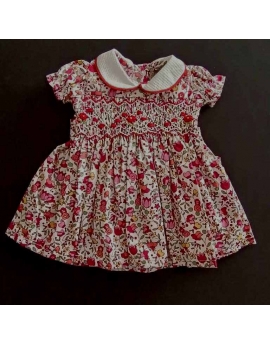 Robe smocks en coton liberty grenat poupée  36 cm