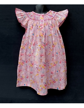 Chemise de nuit smocks en coton rose imprimé