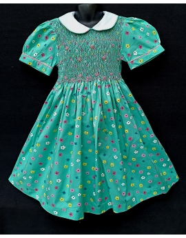 Robe smocks manches ballons en coton vert fleur multicolore