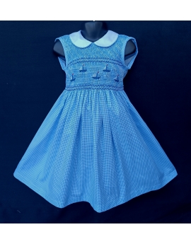 Robe smocks sans manches en coton vichy bleu ciel