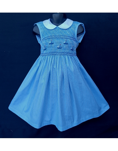 Robe smocks sans manches en coton vichy bleu ciel