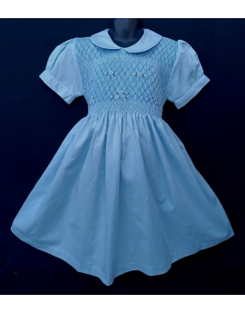 Robe smocks manches ballons en coton piqué bleu ciel