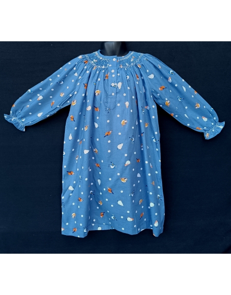 Chemise de nuit smocks en coton finette bleu imprimé