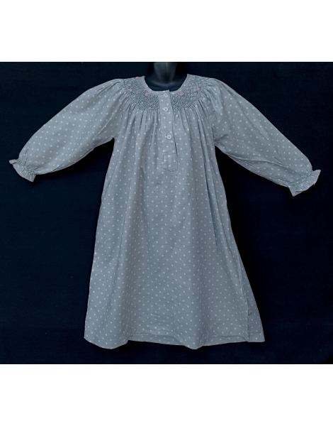 Chemise de nuit smocks en coton finette gris à pois